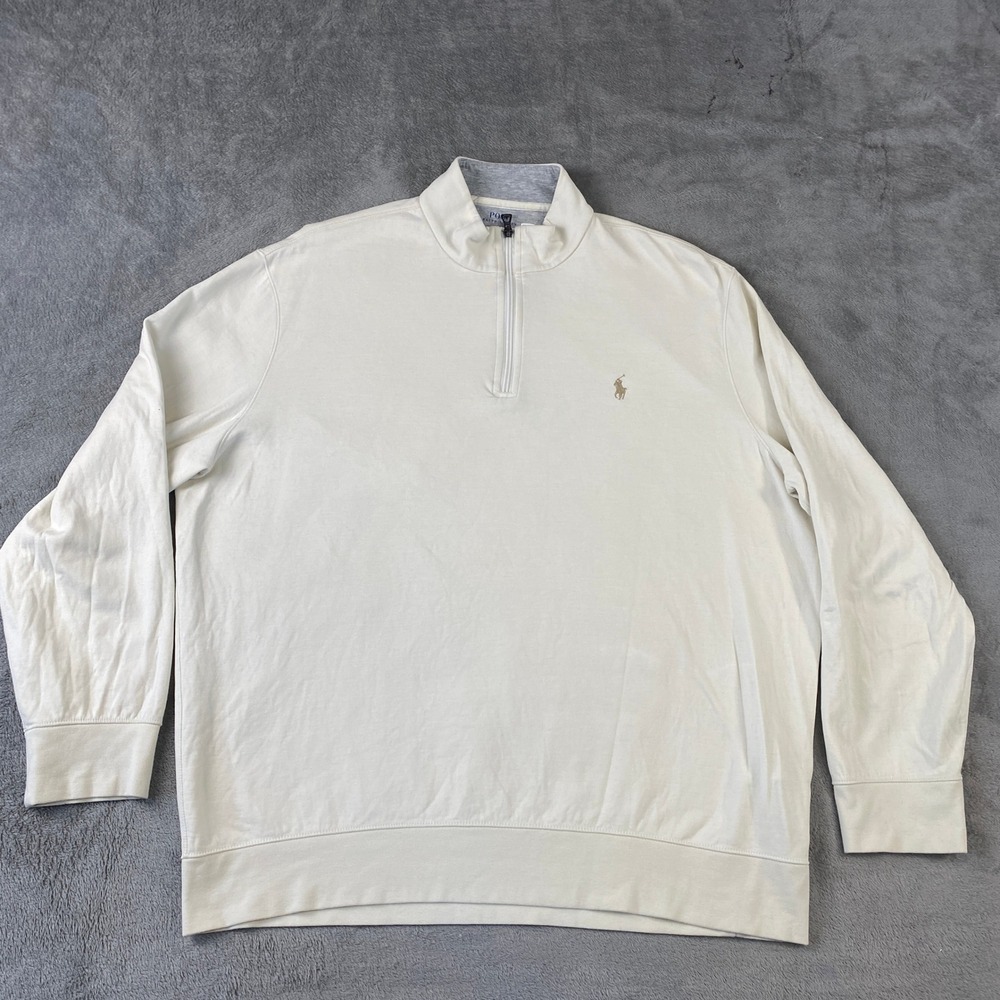 Polo Ralph Lauren Pullover Mens XL Cream Quarter Zip Mock Neck Cotton Blend Pony